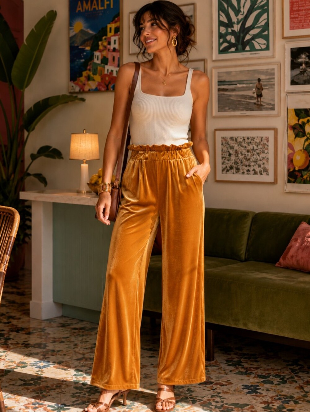 NWT Madison & Berkeley Velvet Straight Leg Pull on Pants in Mustard Yellow
